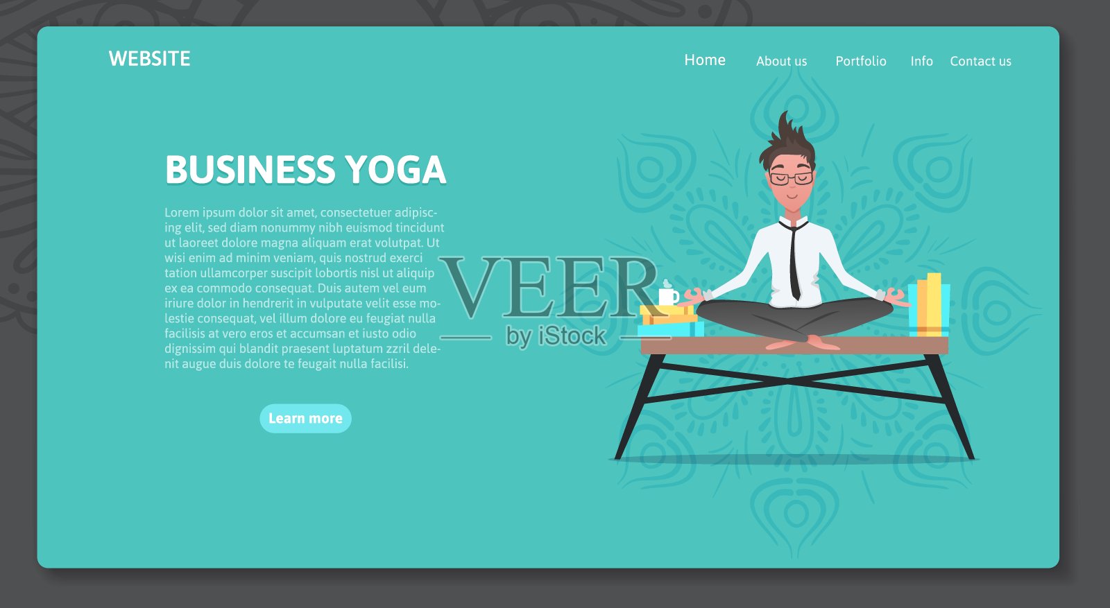 工作时做瑜伽或休息时冥想。登录页面模板与办公室经理坐和冥想。现代卡通矢量插图为网络横幅，广告插画图片素材