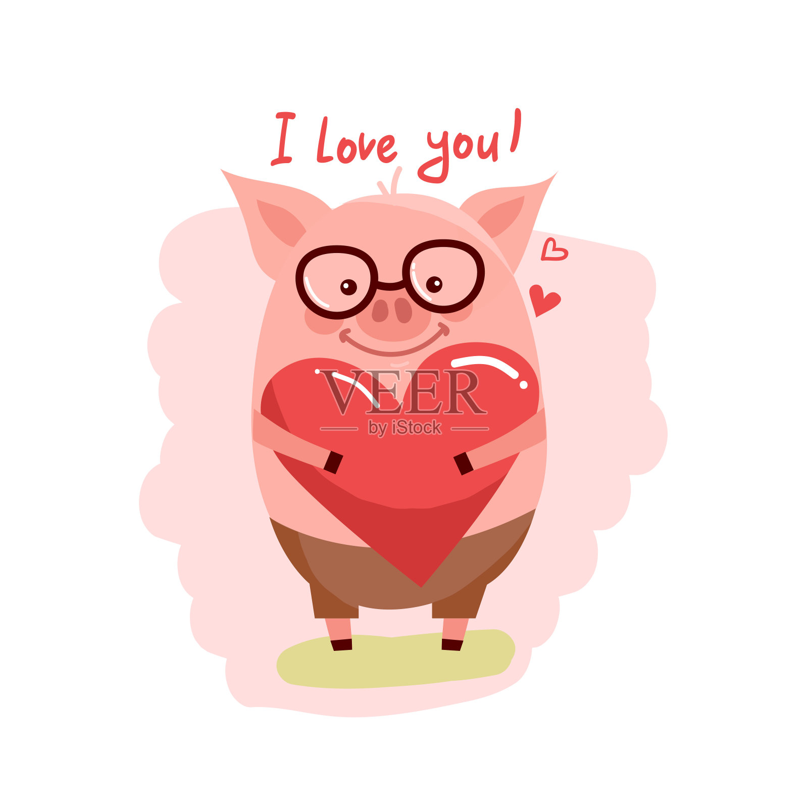 插图可爱的卡通猪与粉红色的大心脏插画图片素材