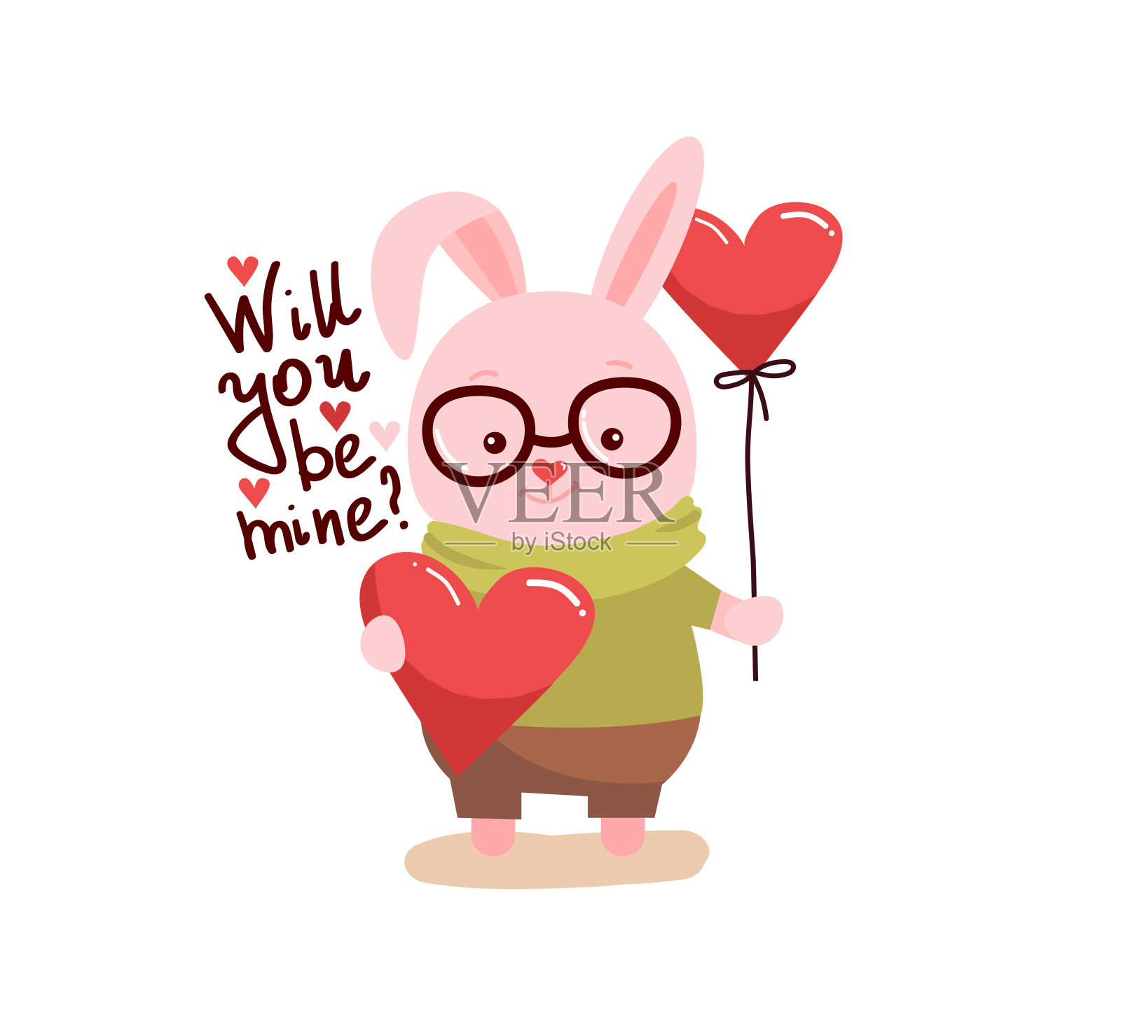 可爱的卡通可爱的兔子与粉红色的大心插画图片素材