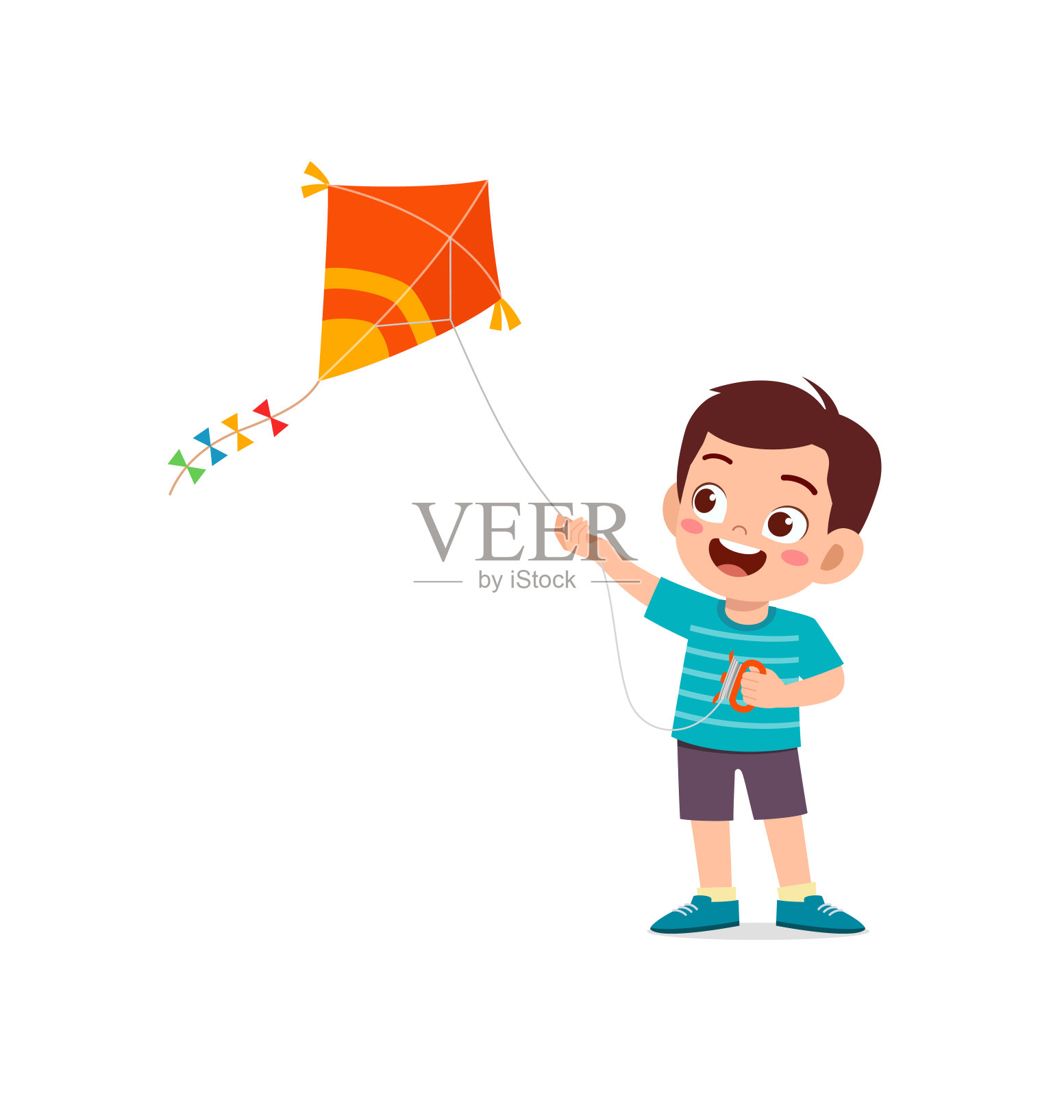 可爱的小男孩在外面玩风筝，感到很开心插画图片素材