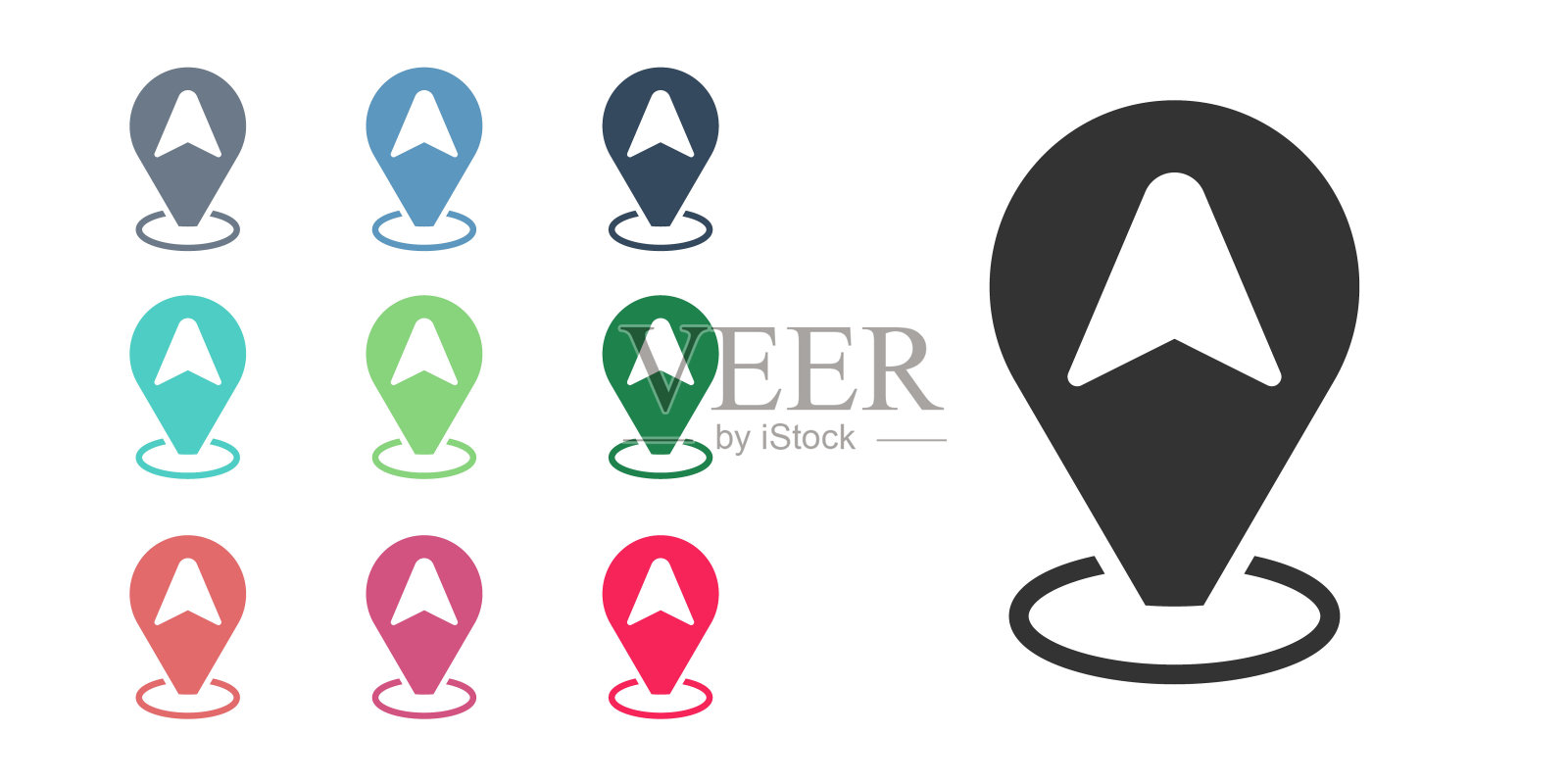 黑色地图指针与出租车图标孤立在白色背景。位置的象征。设置图标丰富多彩。向量图标素材