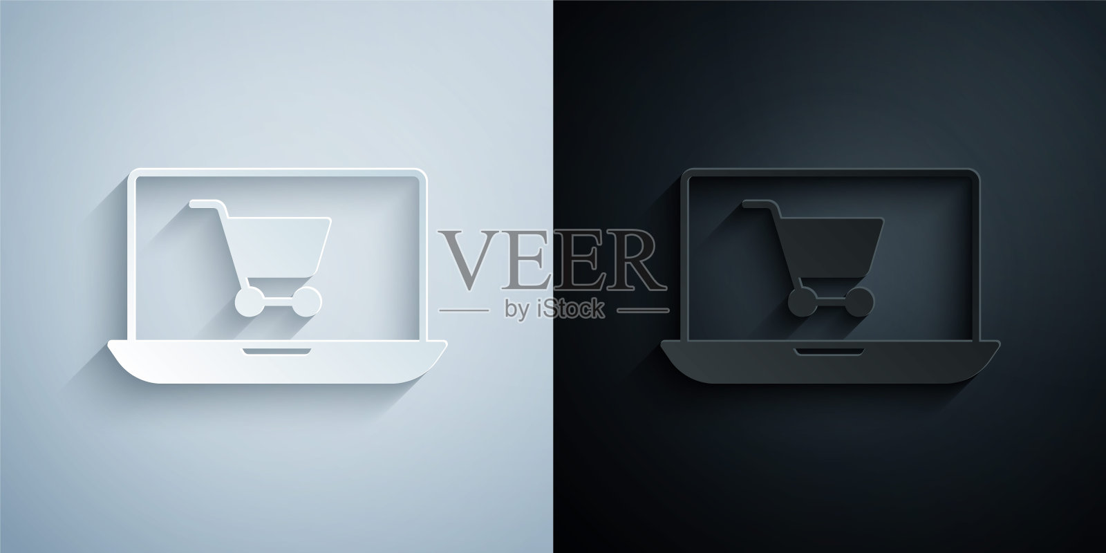 剪纸购物车在屏幕上的笔记本电脑图标孤立在灰色和黑色的背景。概念电子商务，电子商务，网上商务营销。纸艺术风格。向量插画图片素材