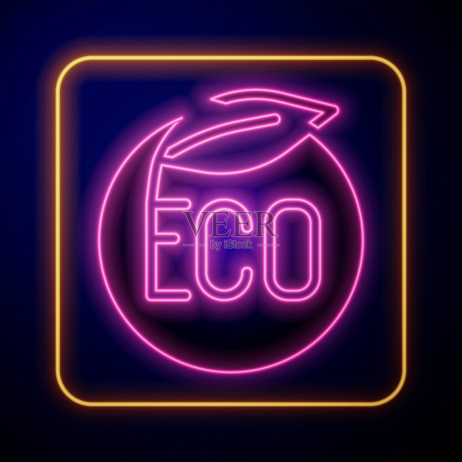 发光霓虹灯横幅，标签，标签，标志为生态绿色健康食品图标孤立在黑色背景。有机产品。健康食品标签。向量插画图片素材