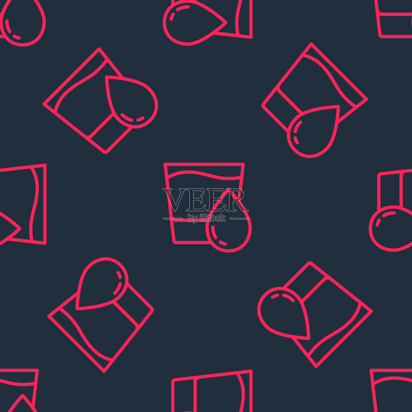 红色线条玻璃与水图标孤立无缝图案黑色背景。苏打水的玻璃。向量插画图片素材