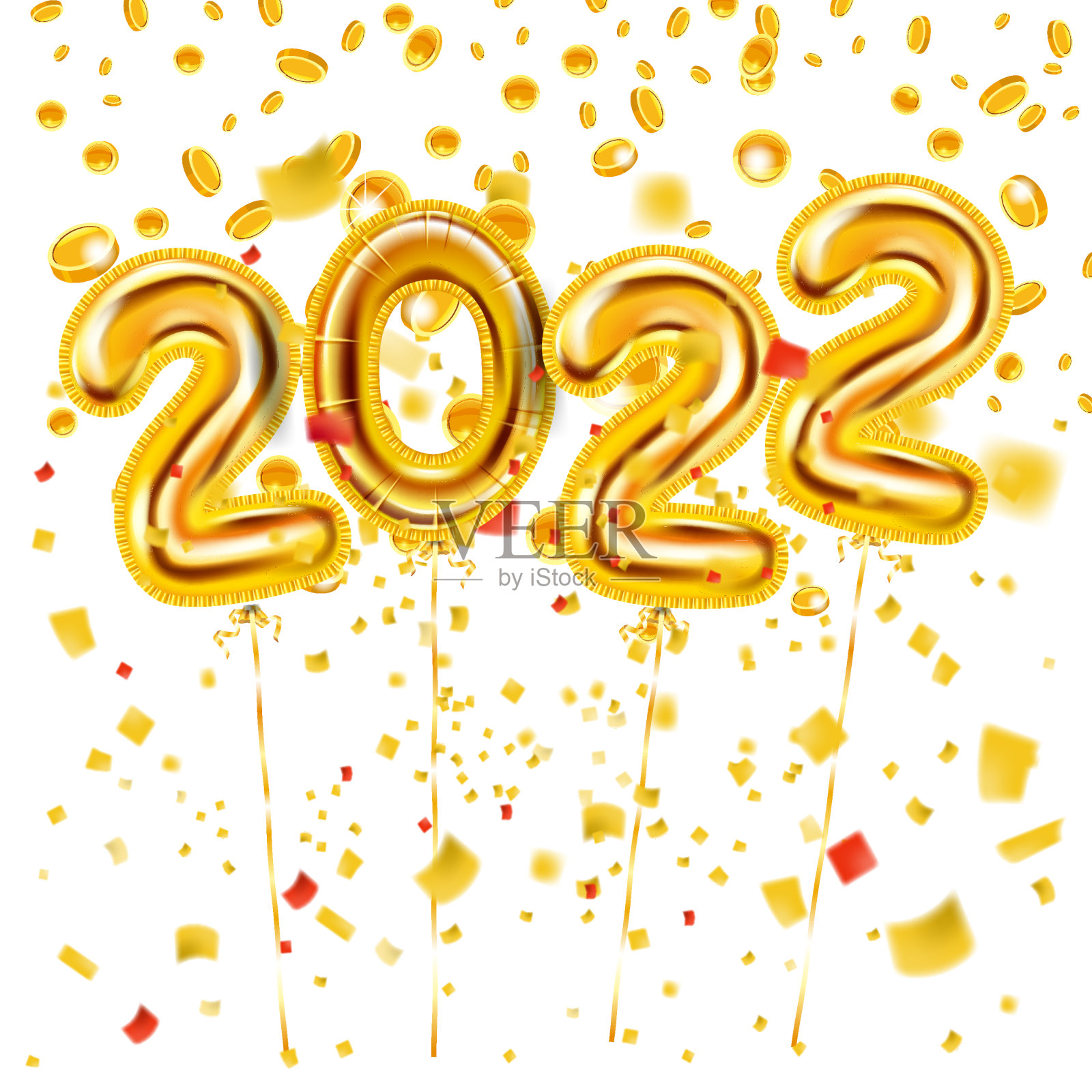 2022真金装饰气球。金箔数字3d新年快乐，闪亮派对背景，五彩纸屑，闪光。矢量节日海报，横幅设计插画图片素材