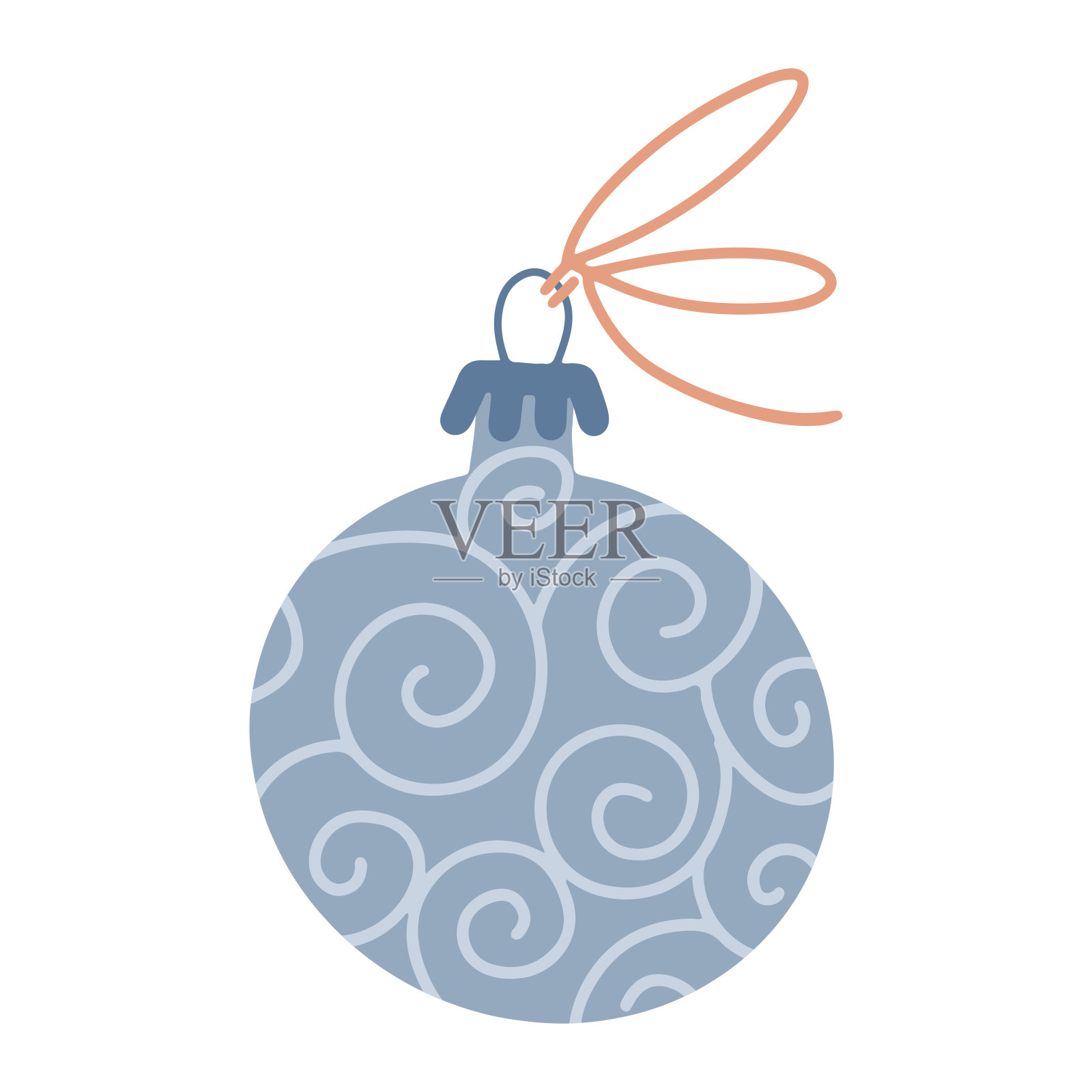 手绘圣诞装饰物与漩涡装饰。圣诞节节日舞会装饰圣诞树。孤立的剪纸艺术元素。矢量平面插图。只有5种颜色-容易重新着色。插画图片素材