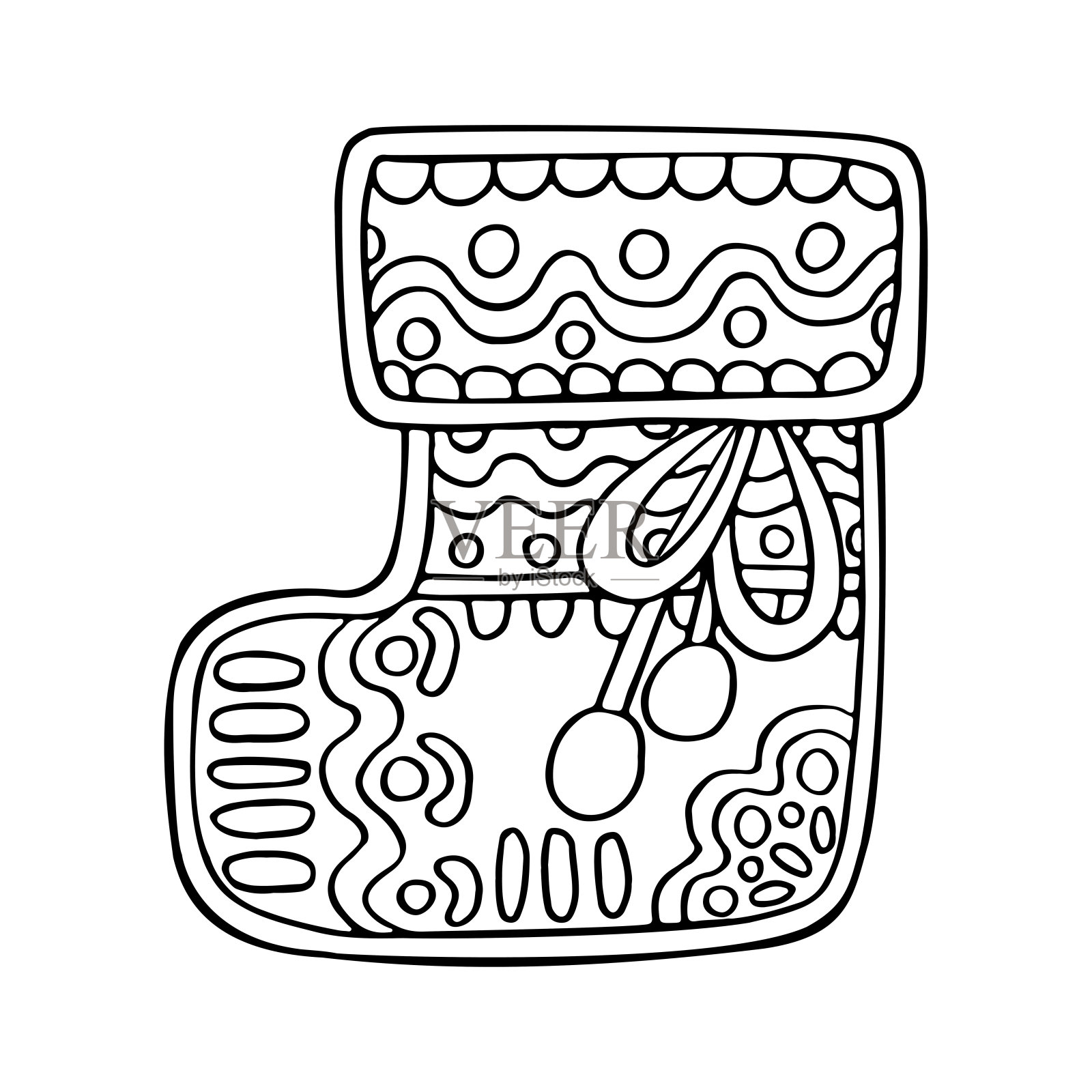 圣诞姜饼袜子向量着色页。有图案和装饰的甜蜜节日饼干。手绘线艺术冬季插图。节日快乐设计元素图片