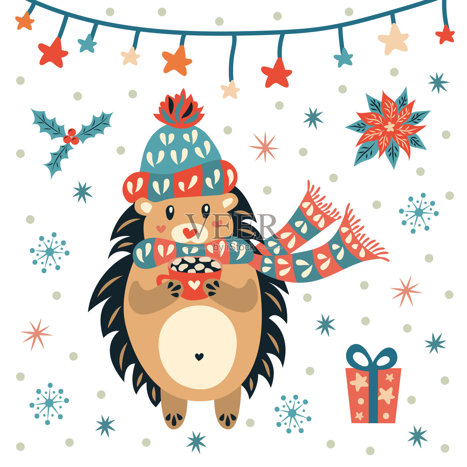 刺猬带着一大杯棉花糖可可和温暖的帽子和围巾。圣诞节的性格。新年快乐。可爱的矢量图。插画图片素材