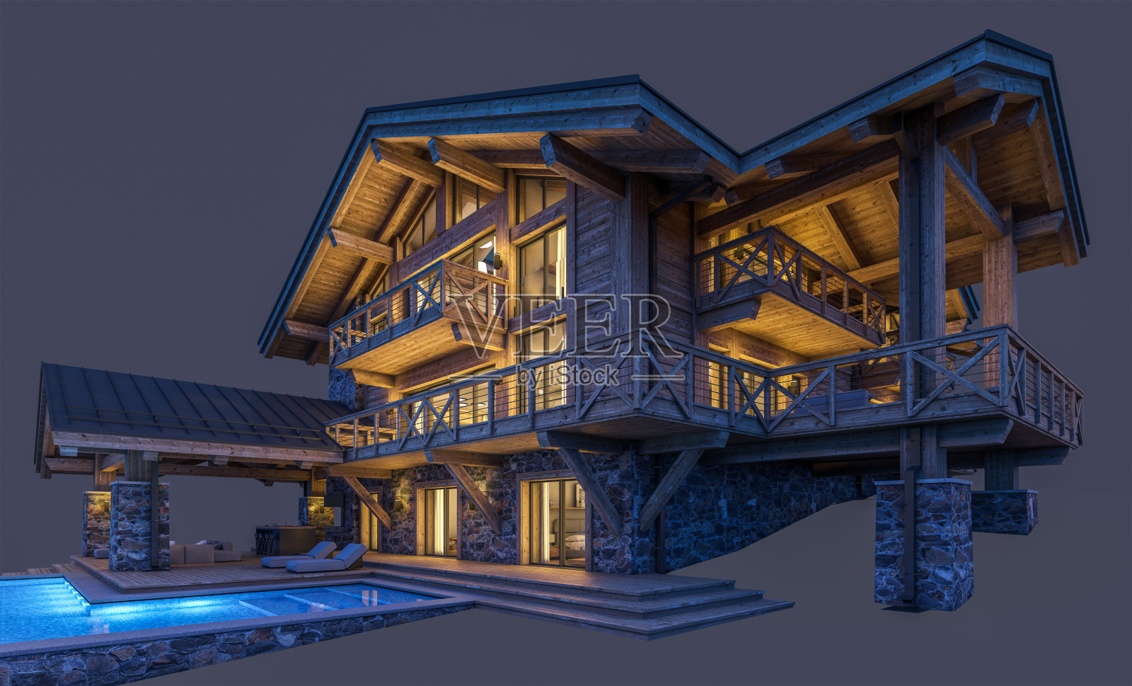 黑色背景上的现代舒适小木屋照片摄影图片