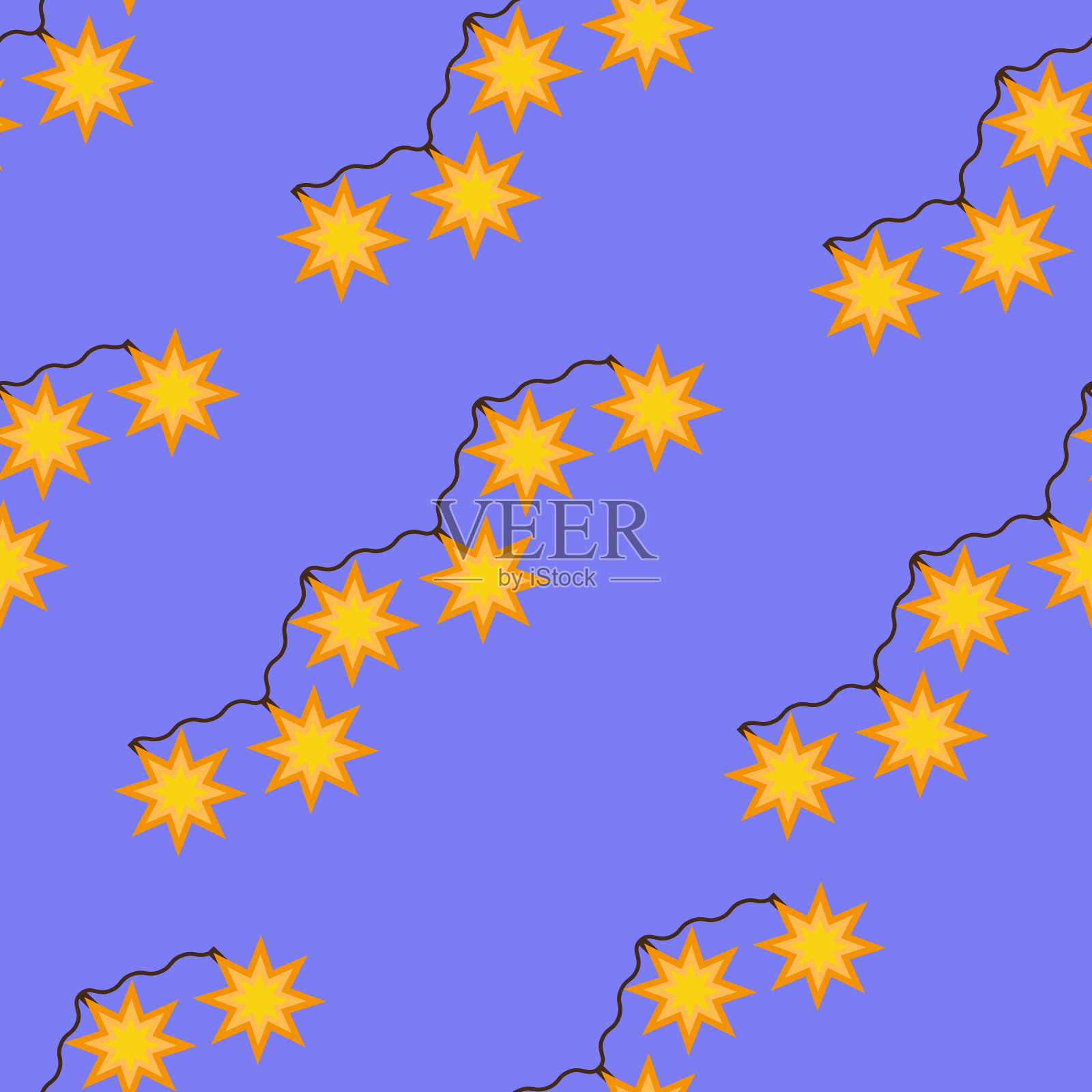 圣诞节的模式。明亮的星星和蓝色灯泡的装饰。用于设计装饰、织物及纺织品。节日儿童，可爱的印花。圣诞晚会，节日灯笼。向量插画图片素材