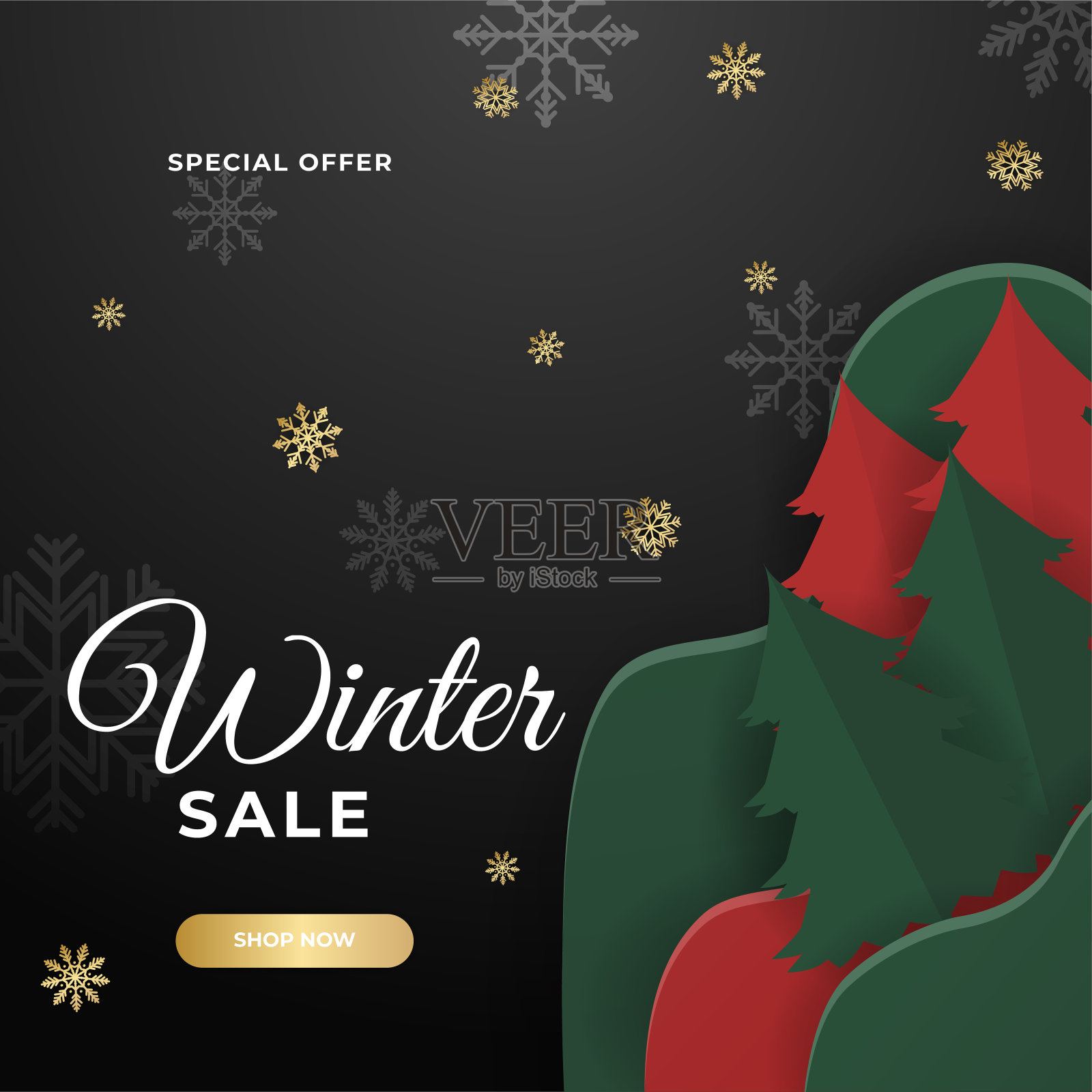 圣诞冬季新年销售卡片与框架和金色的装饰。时尚的抽象广场冬季假期艺术模板的社交媒体帖子，移动应用程序，横幅设计和网页/互联网广告设计模板素材