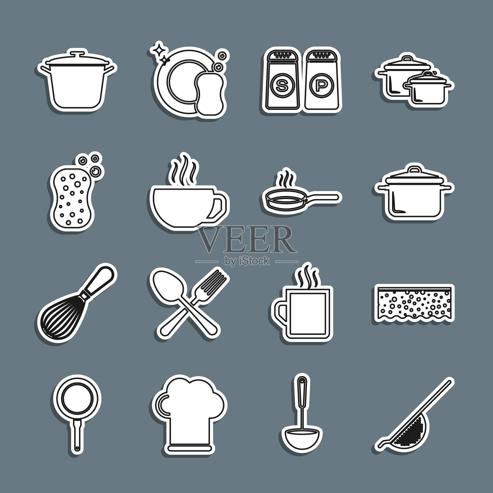 设置线厨房漏勺，海绵泡沫，烹饪锅，盐胡椒，咖啡杯，和煎锅图标。向量图标素材