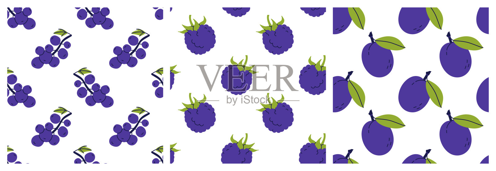 水果和浆果无缝图案捆绑。醋栗，黑莓和李子。彩色插图收藏的手绘风格。矢量重复背景集插画图片素材