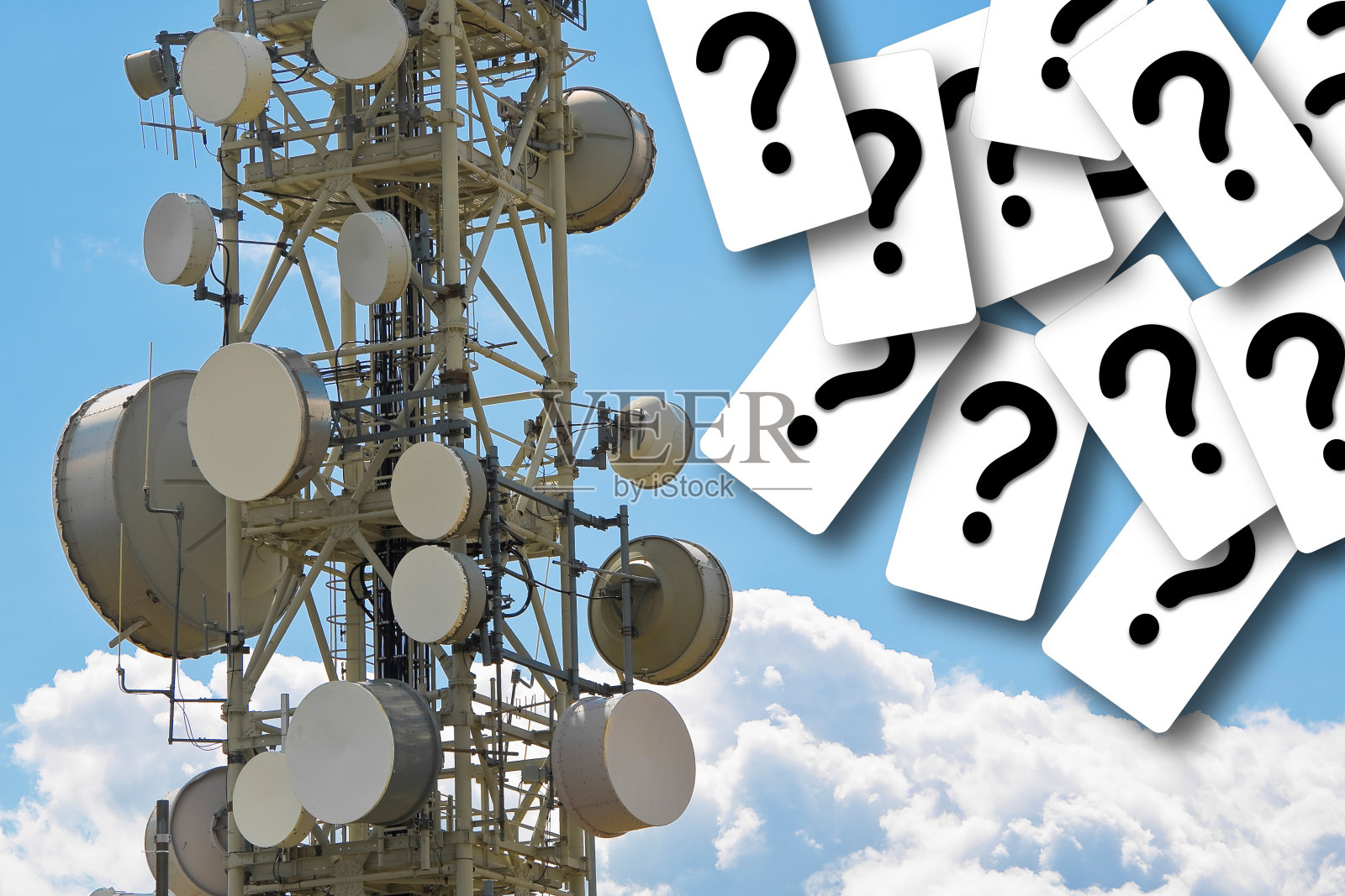 关于无线电发射和健康的疑问和不确定性-全球通信服务基站概念和问号"n照片摄影图片