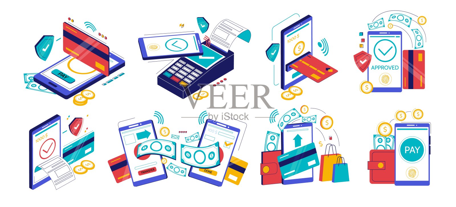 移动银行。无线资金转帐。网上钱包和收钱确认。无现金税收和账单支付。数字金融。现金是免费的。向量金融交易集插画图片素材