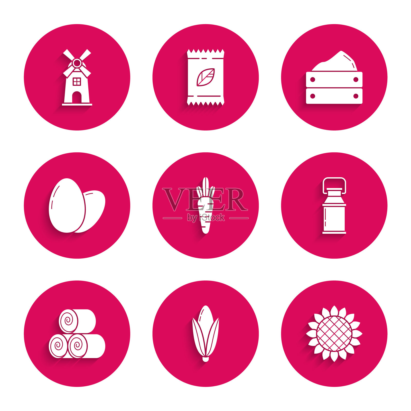 Set Carrot, Corn, Sunflower, Can container for milk, Roll of hay, Chicken egg, Wooden box with harvest and Windmill图标。向量图标素材