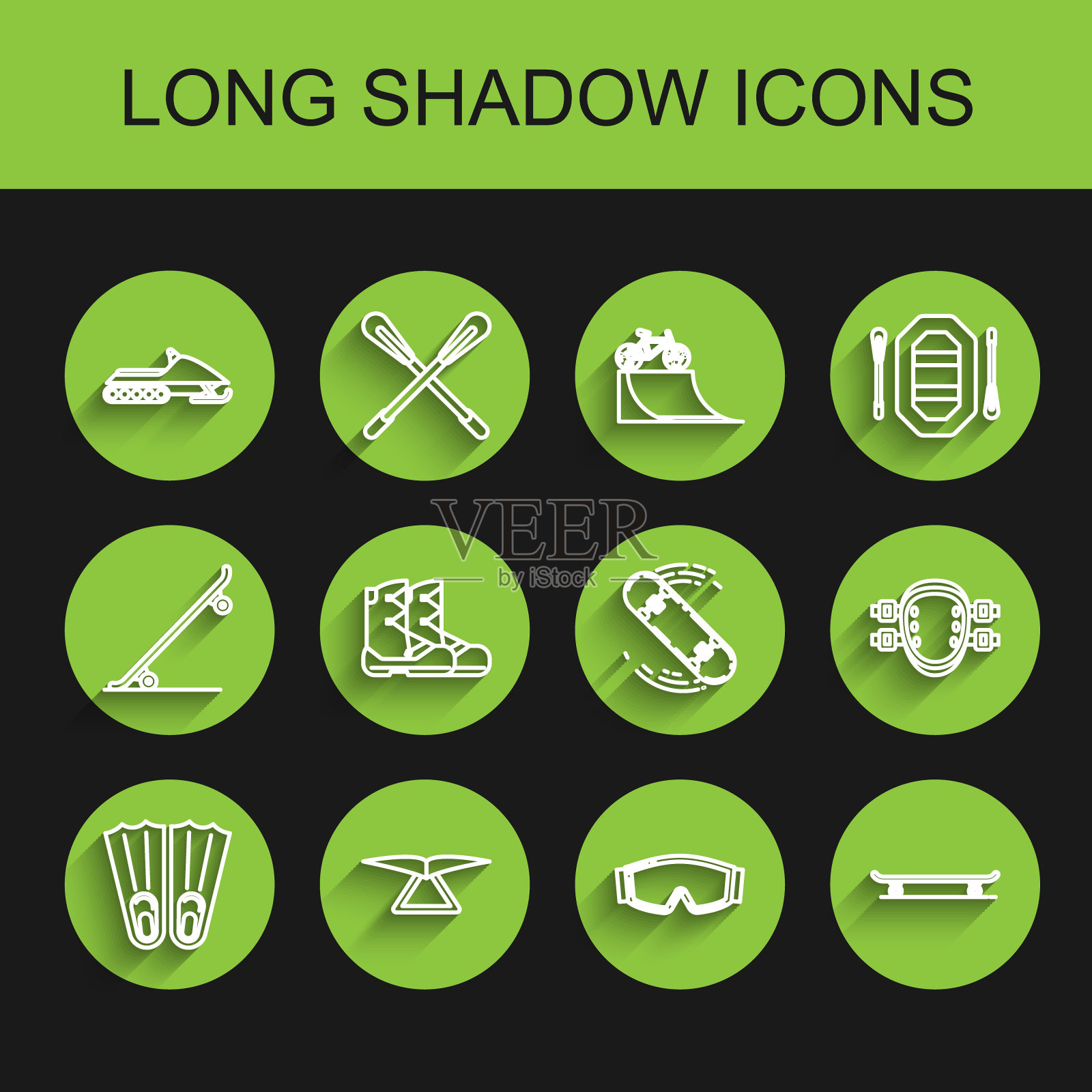 设置线橡胶鳍为游泳，悬挂滑翔机，雪地摩托，滑雪护目镜，滑板，靴子，膝垫和诡计图标。向量图标素材