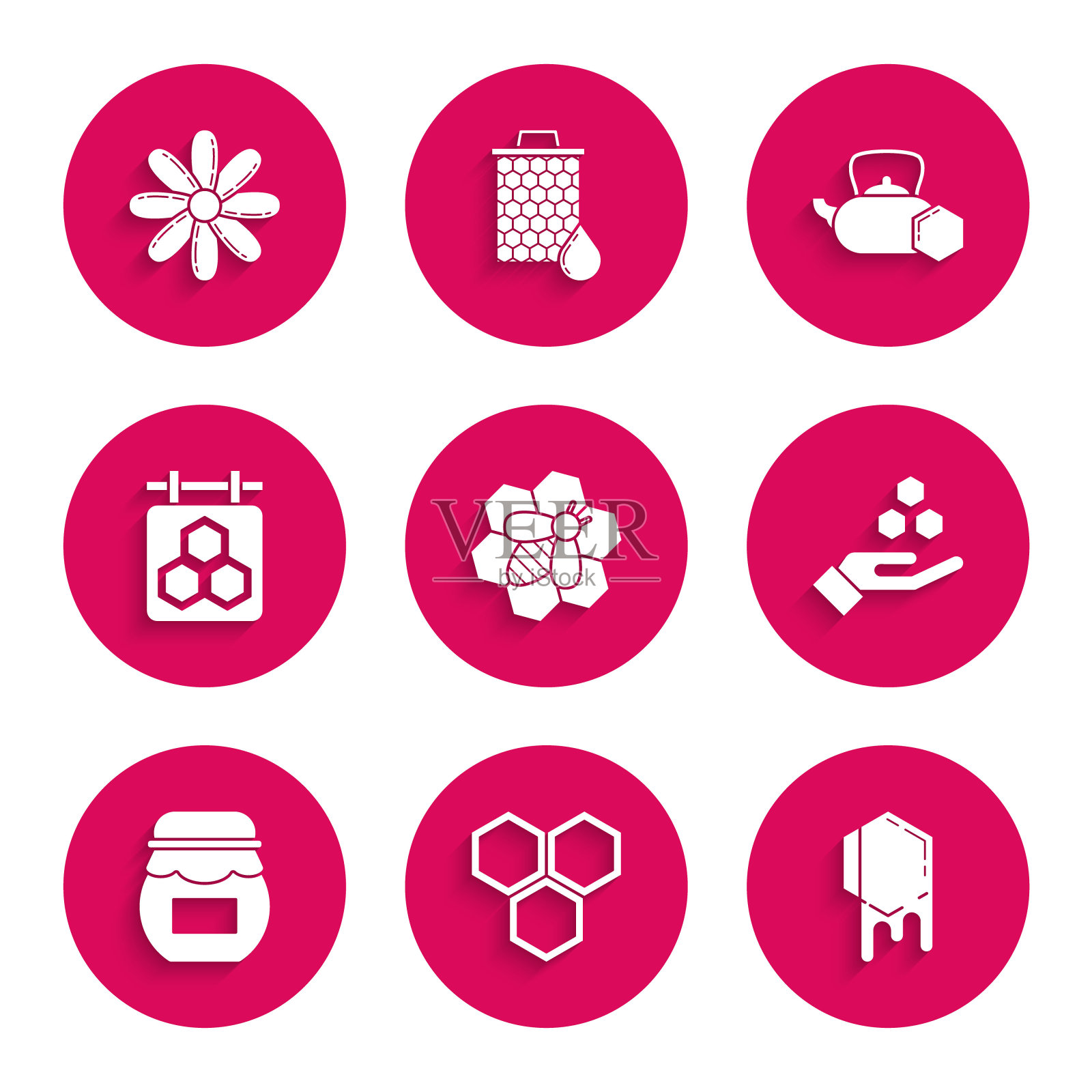 Set Bee and honeycomb, honeycomb, hand, Jar of, Hanging sign with, Tea kettle and Flower图标。向量图标素材