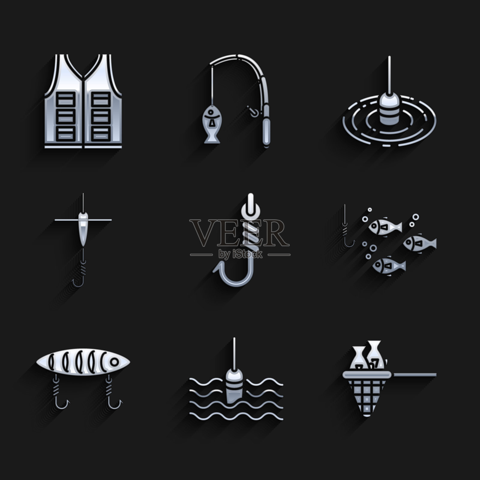 设置鱼钩，浮水，网带鱼，下，鱼饵，和，和夹克图标。向量图标素材