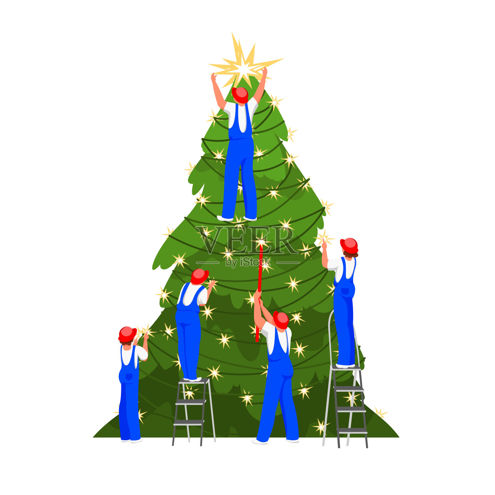 人和一棵圣诞树。人们装饰冷杉树。矢量图像的前夕的节日插画图片素材