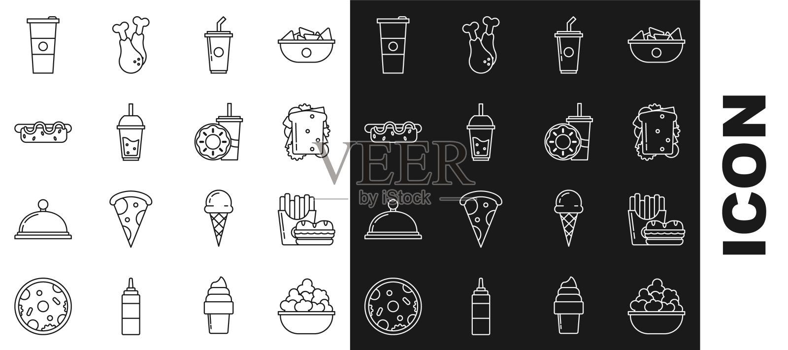装在碗里的爆米花，汉堡和薯条的纸盒包装盒，三明治，带饮用水的纸玻璃，一杯柠檬水，热狗三明治芥末，和甜甜圈图标。向量插画图片素材