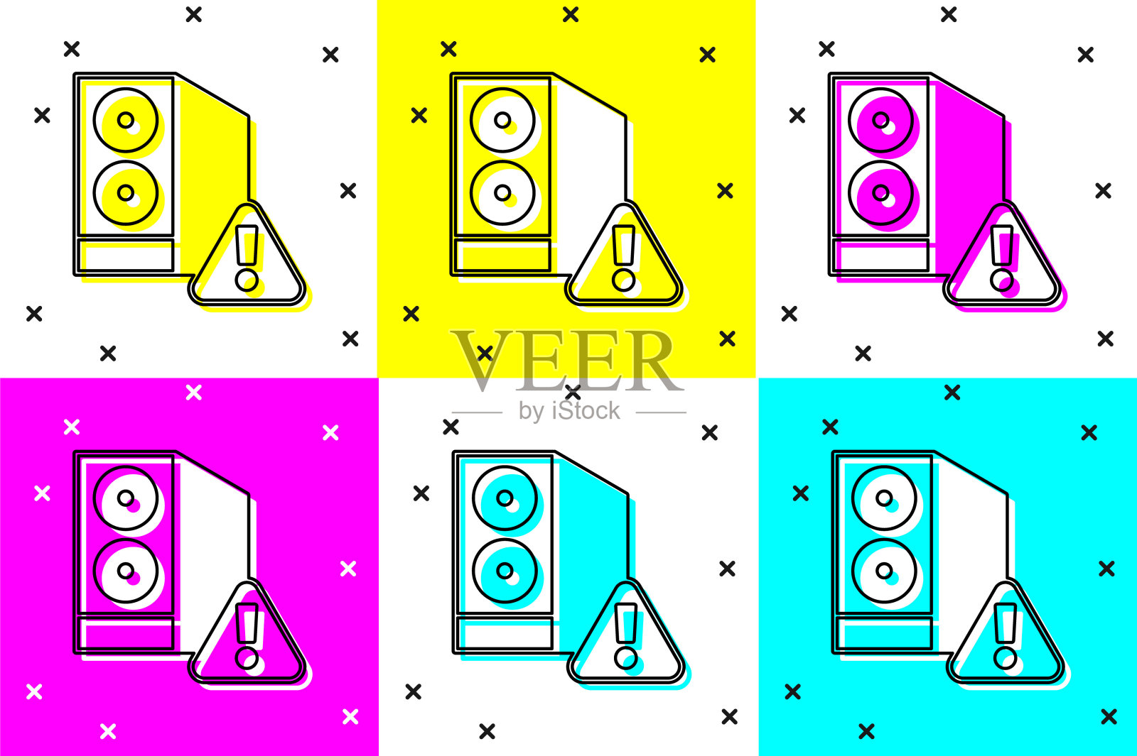 设置大小写的计算机与感叹号图标孤立的颜色背景。电脑服务器。工作站。向量插画图片素材