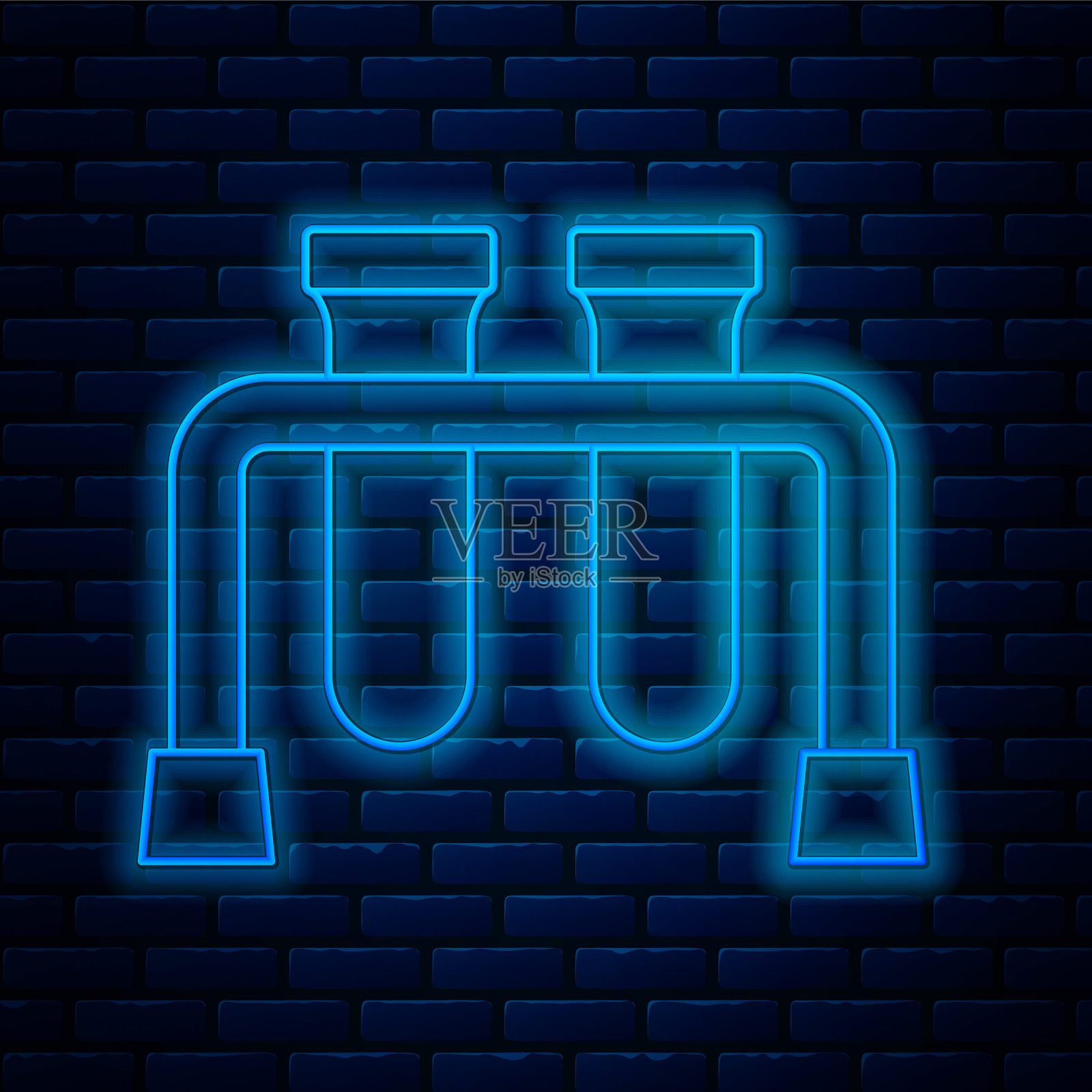 发光霓虹灯线试管和烧瓶化学实验室测试图标隔离在砖墙背景上。实验室玻璃器皿。向量插画图片素材