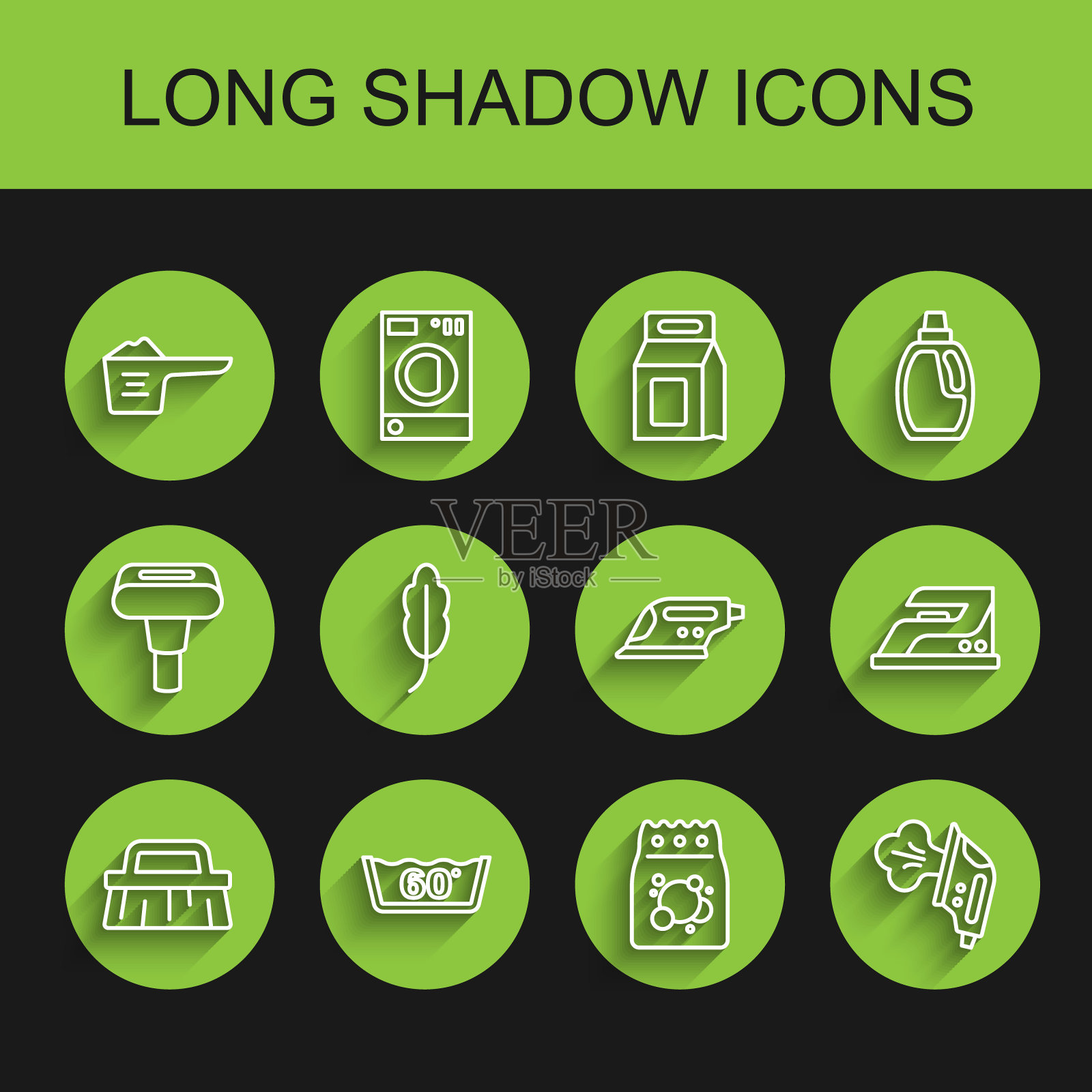 设定线刷清洁，温度洗涤，洗衣粉，洗衣粉，电熨斗，羽毛，图标。向量插画图片素材