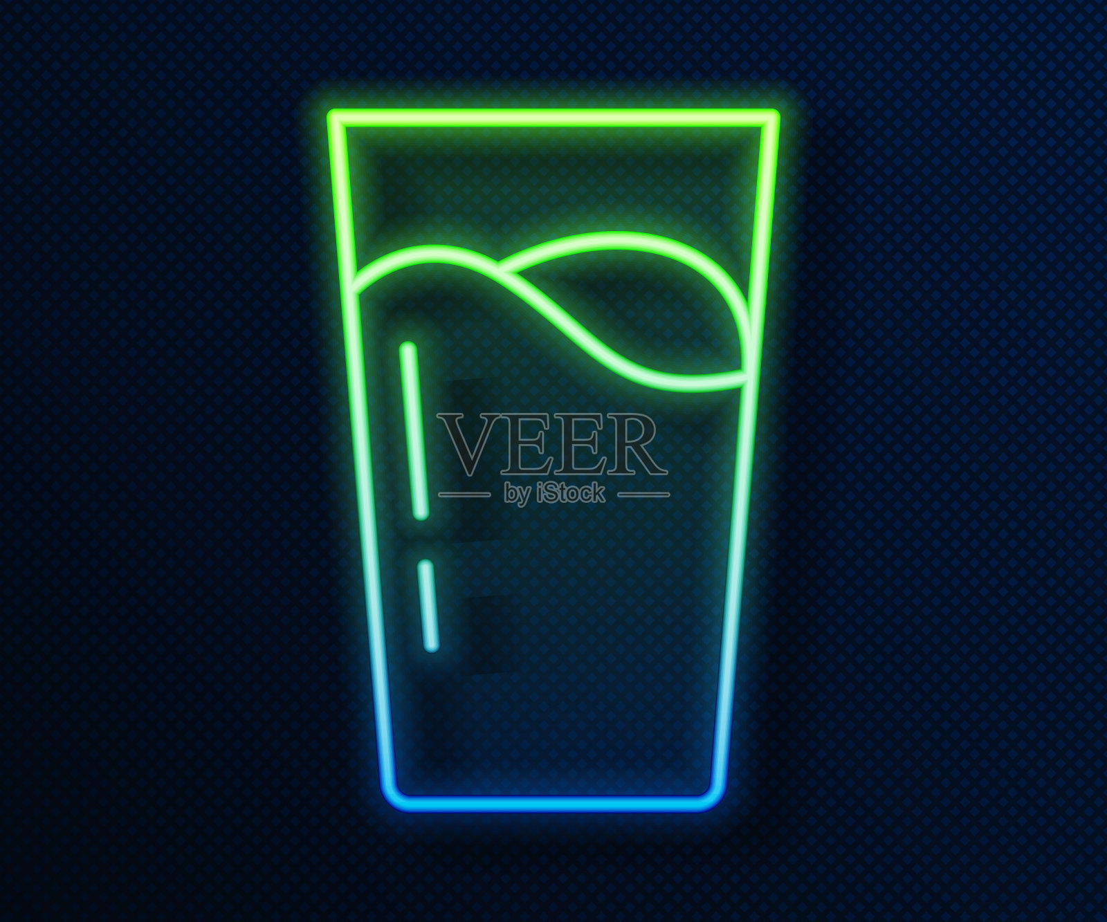 发光霓虹灯线玻璃与水图标孤立在蓝色背景。苏打水的玻璃。向量插画图片素材