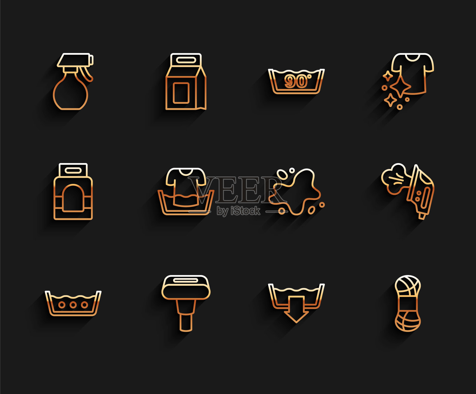 设置线温度洗涤，服装蒸笼，水喷雾瓶，洗涤模式，纱线，盆与衬衫，电熨斗和溢出图标。向量图标素材