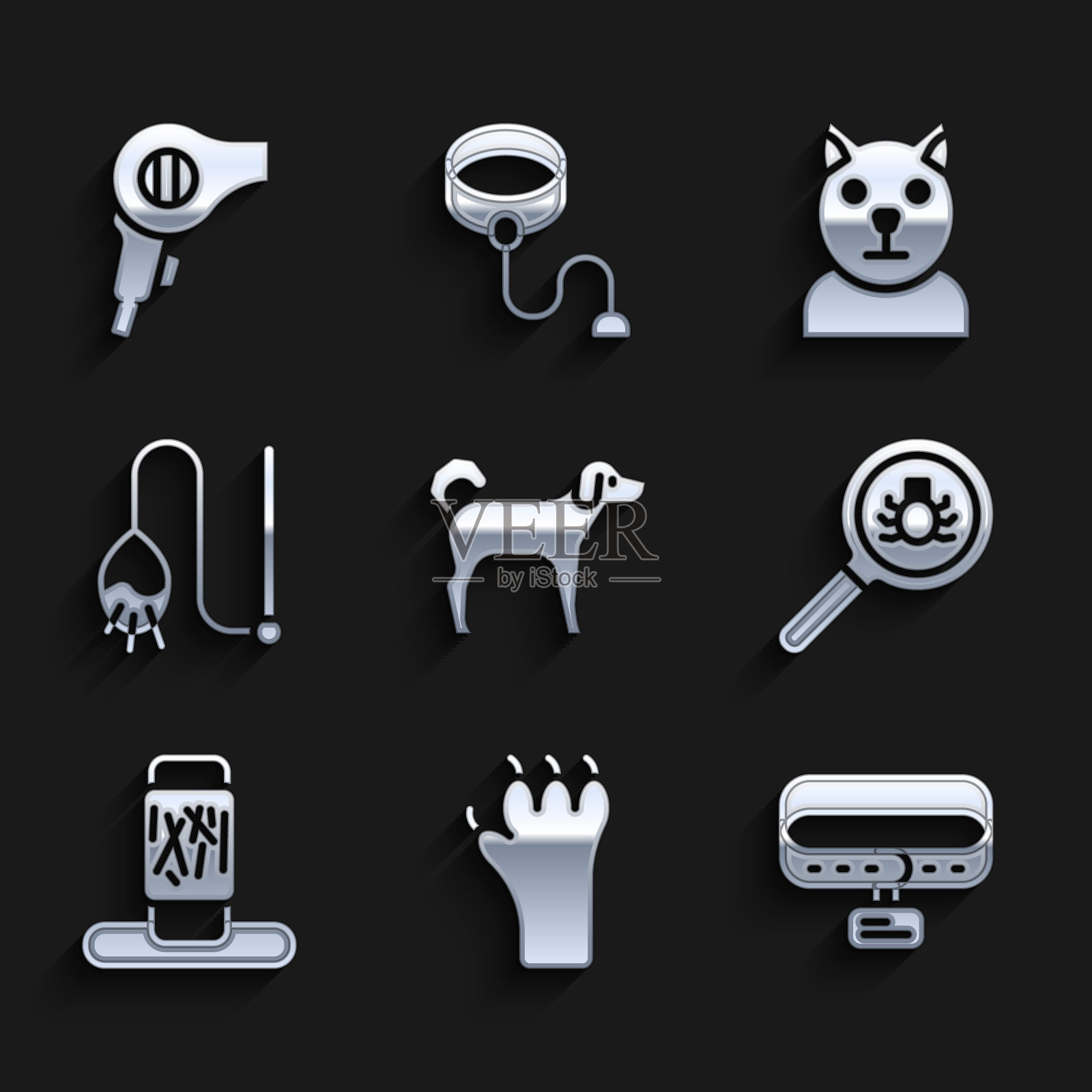 设置狗，爪印，项圈与名称标签，跳蚤搜索，猫抓贴，宠物猫玩具，和电吹风图标。向量插画图片素材