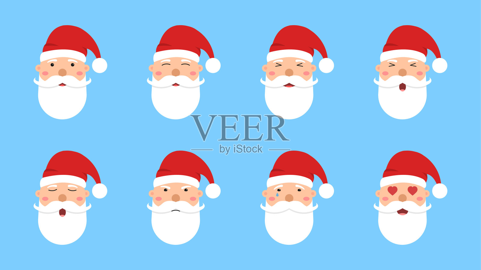 一套圣诞老人的脸。收集圣诞老人的不同情绪。圣诞和新年人物。矢量图插画图片素材