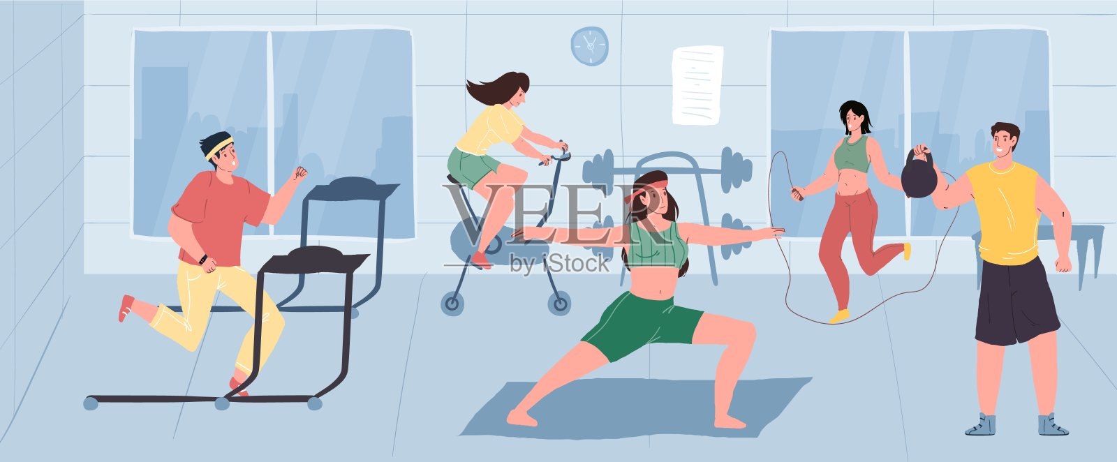 卡通flat健康的人物在健身房做运动锻炼，矢量插图概念插画图片素材