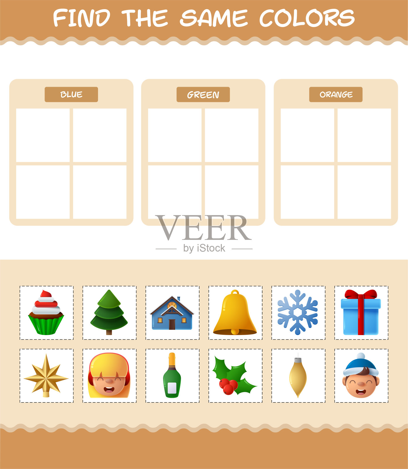 找到圣诞节的相同颜色。搜索和匹配游戏。学龄前儿童和学步儿童的教育游戏插画图片素材