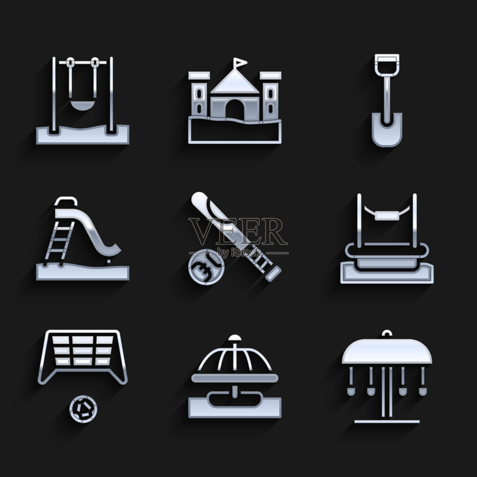 设置棒球棒与球，吸引旋转木马，蹦极，足球球门，儿童滑梯，铲玩具和秋千图标。向量图标素材