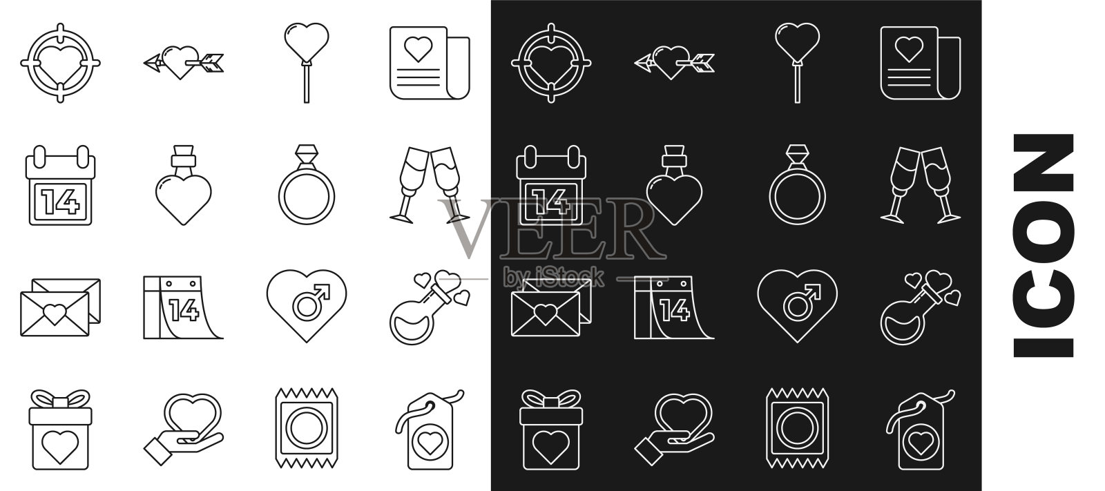 Set line Heart标签，爱情药水瓶，香槟杯，心形气球，日历2月14日，中心飞镖目标和钻石订婚戒指图标。向量图标素材