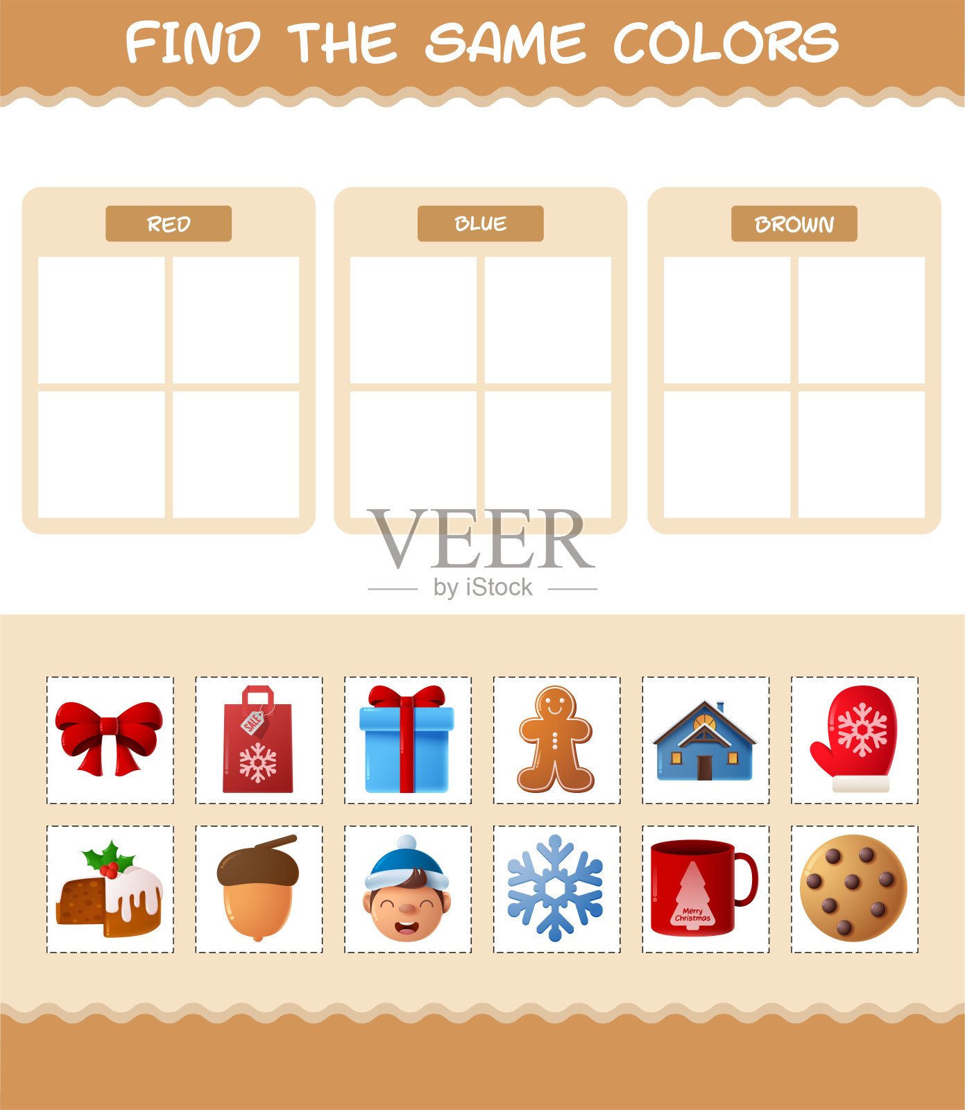 找到圣诞节的相同颜色。搜索和匹配游戏。学龄前儿童和学步儿童的教育游戏插画图片素材