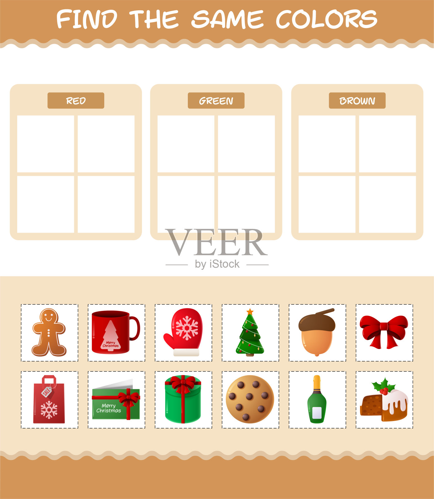 找到圣诞节的相同颜色。搜索和匹配游戏。学龄前儿童和学步儿童的教育游戏插画图片素材