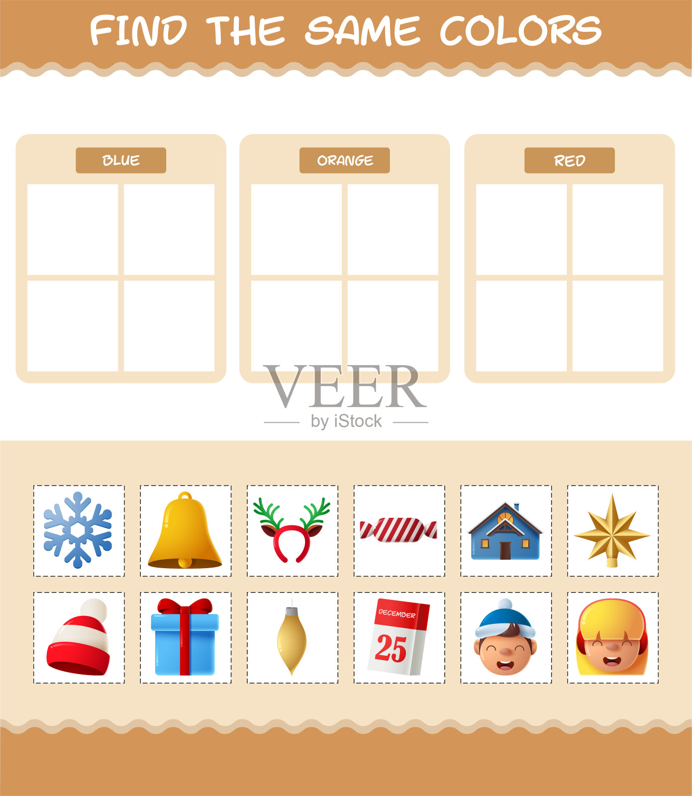 找到圣诞节的相同颜色。搜索和匹配游戏。学龄前儿童和学步儿童的教育游戏插画图片素材