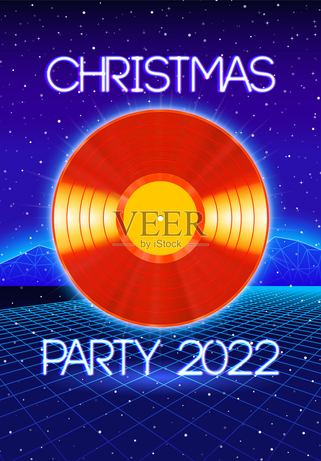 圣诞晚会邀请海报或传单与80年代霓虹灯风格和唱片为dj设计模板素材