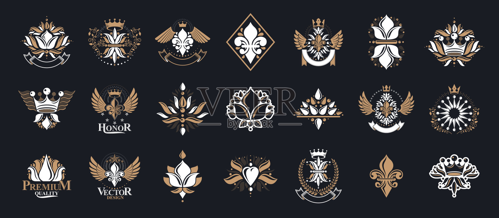 德里斯复古纹章向量大集，古董纹章符号徽章和奖品收藏百合花符号，经典风格的设计元素，家庭纹章。插画图片素材