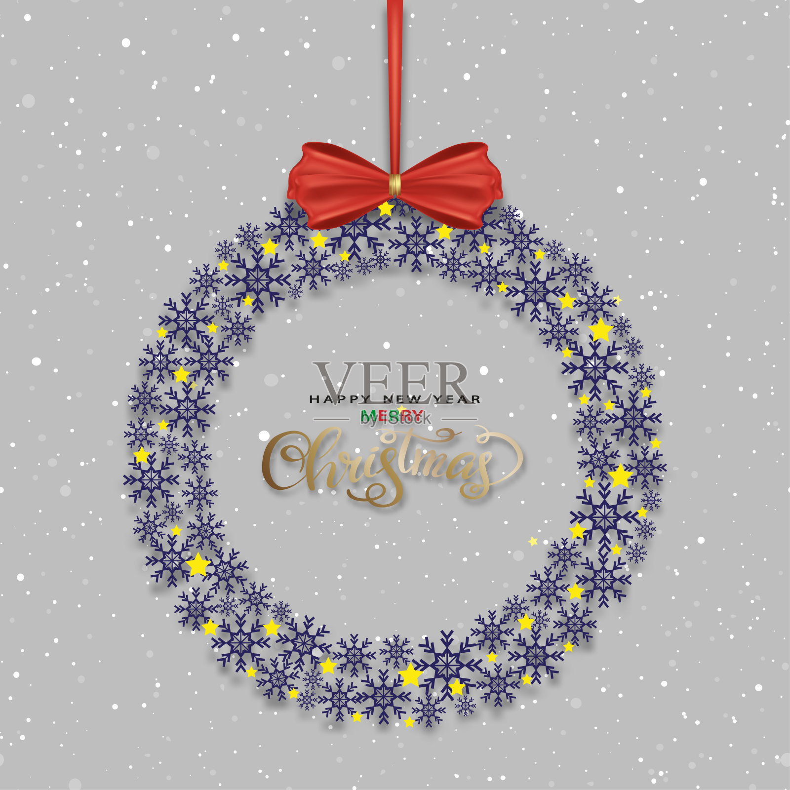 圣诞卡片与雪花花环在灰色的背景上，矢量插图的新年祝福和冬季假期明信片，小册子，横幅插画图片素材