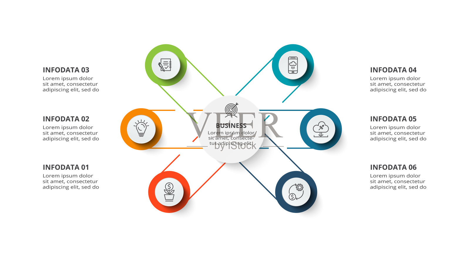 信息图的概念与6个步骤，选项，零件或过程。业务数据可视化。插画图片素材