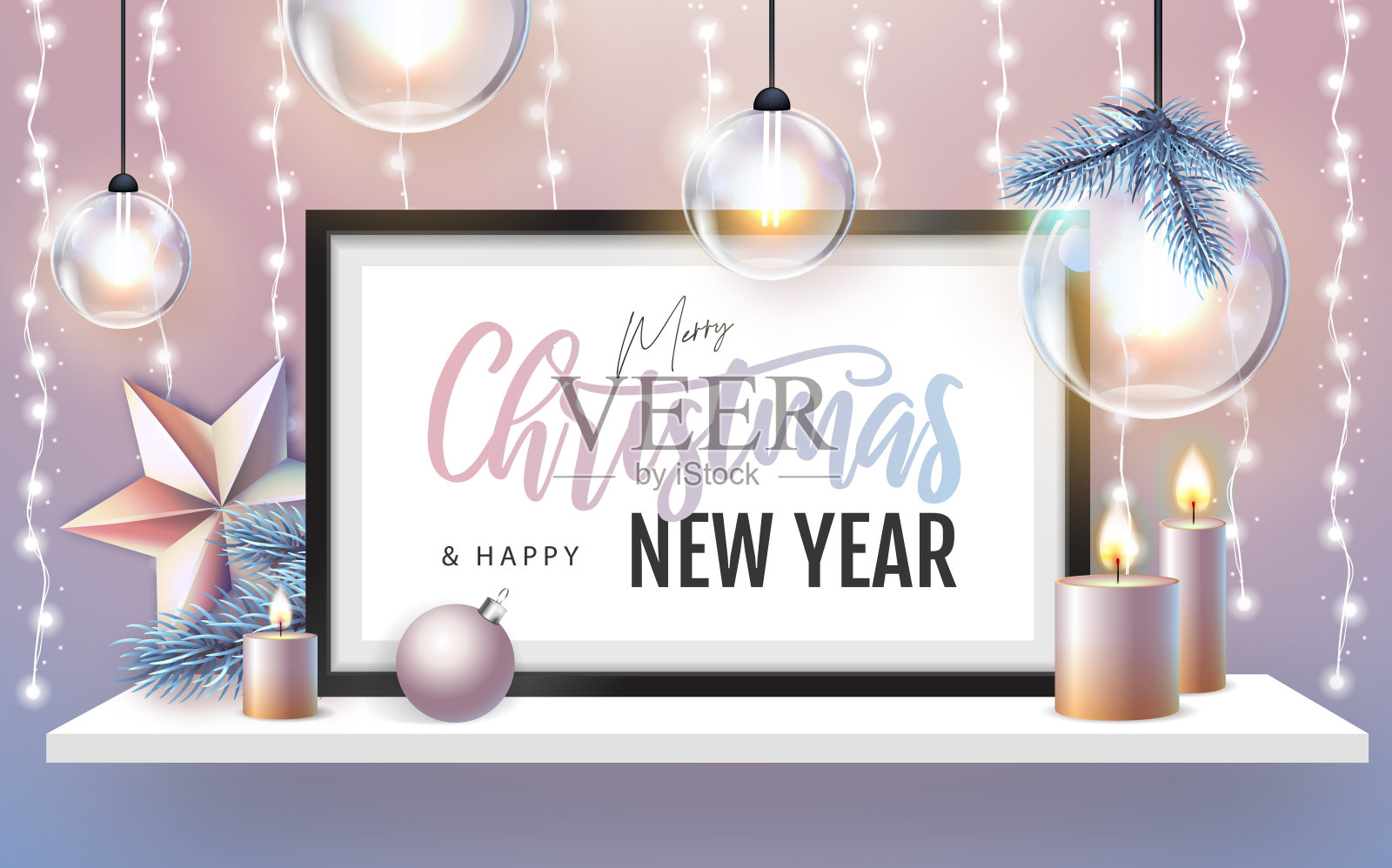 圣诞快乐和新年快乐海报与圣诞节日装饰。圣诞背景与串灯。3D室内设计与黑色框架上的白色墙架。插画图片素材