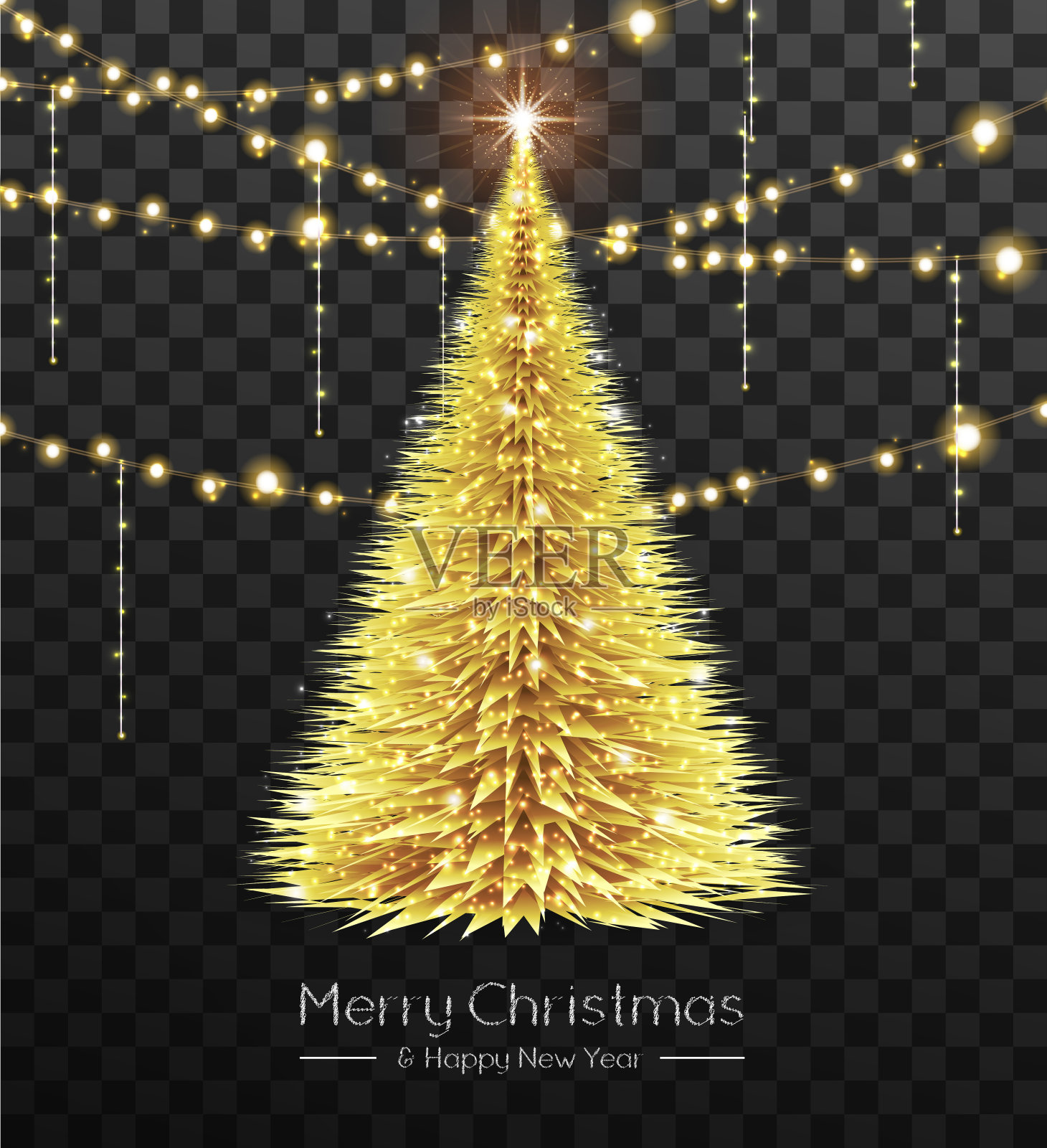 3D发光的金色圣诞树与串灯隔离在透明的背景。矢量图插画图片素材