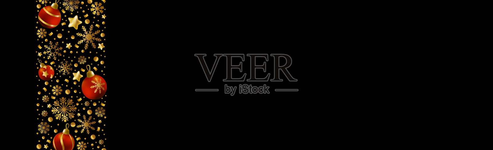 新年快乐和圣诞快乐贺卡，节日横幅，网络海报。黑暗的背景与闪亮的金色雪花和红色的圣诞球-向量插画图片素材