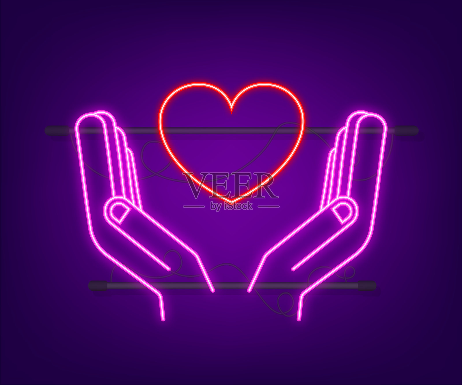 霓虹灯心脏图标与手。爱的信号。浪漫的卡片设计。情人节可爱海报。矢量图插画图片素材