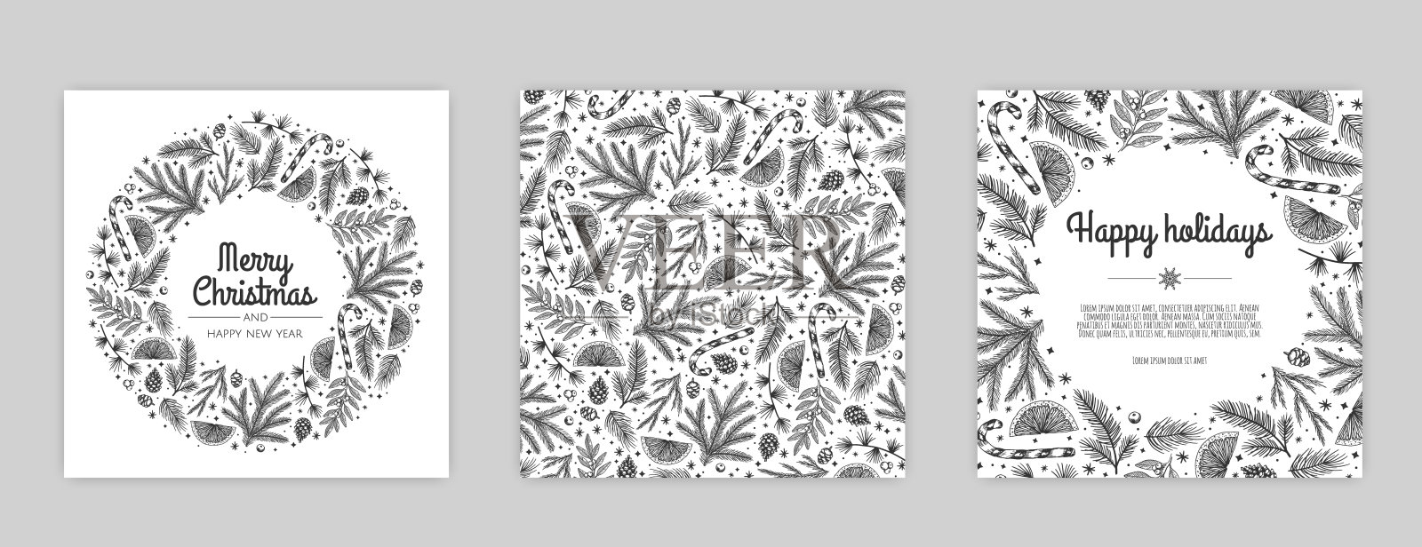 圣诞节模板：企业节日贺卡与邀请函，花卉边框和背景设计插画图片素材