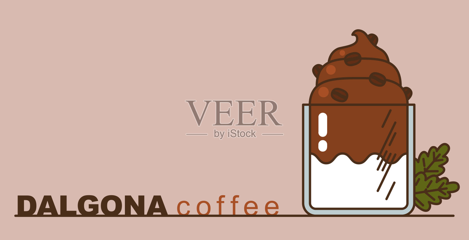 达尔戈纳咖啡，巧克力牛奶，达尔戈纳拿铁咖啡。速溶咖啡。时髦的鞭打咖啡矢量插图与复制空间。社交媒体美食潮流插画图片素材