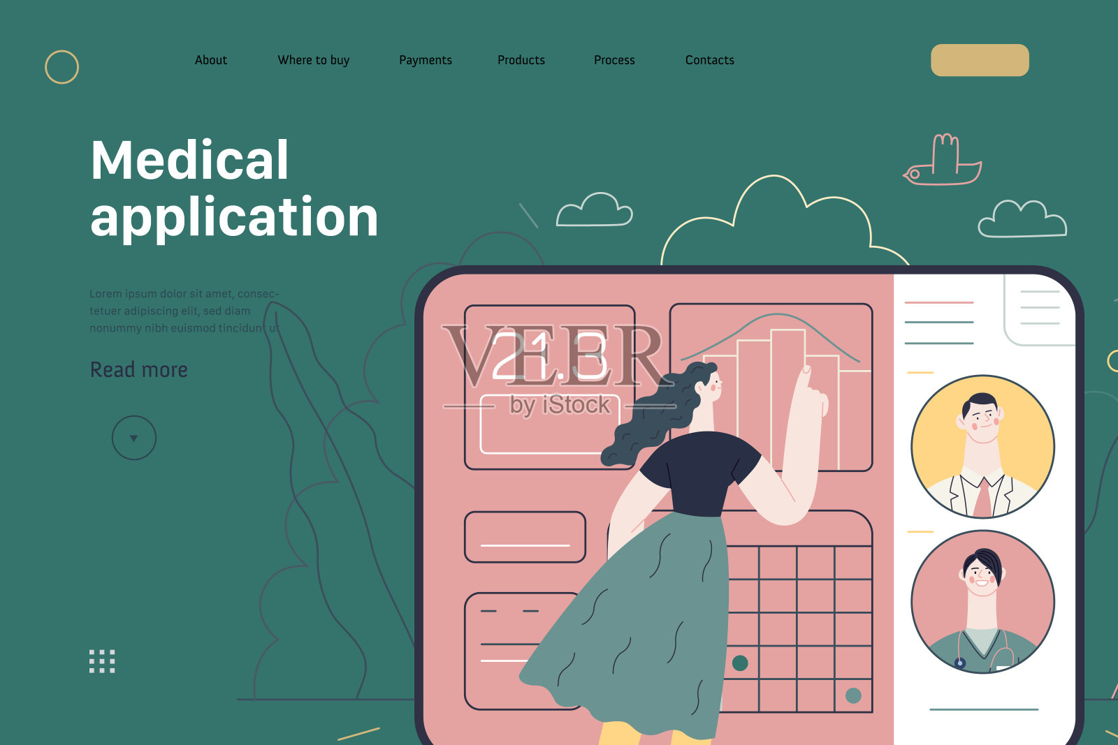 医疗保险模板-医疗应用。现代平面向量插画图片素材